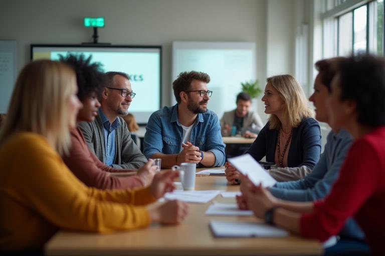 Diverse group of people in a modern classroom setting, engaged in discussion