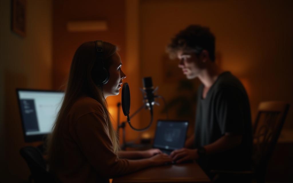 Person recording a podcast in a home studio setup